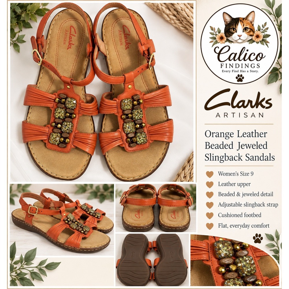Clarks Artisan Orange Leather Beaded Jeweled Slingback Sandals Womens Flat